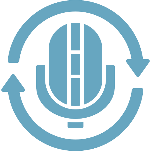 Blue circular logo with abstract vertical lines.