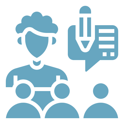 Illustration of a person with speech and writing icons symbolizing communication.